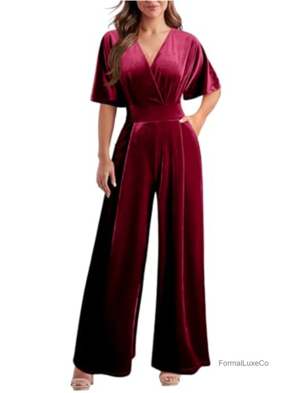 Velvet V Neck Short Sleeve Jumpsuit with Pockets Wide Leg One Piece